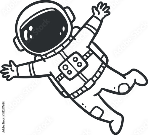 A cartoon astronaut floating in space in a black and white minimalist vector style, perfect for educational materials and creative projects
