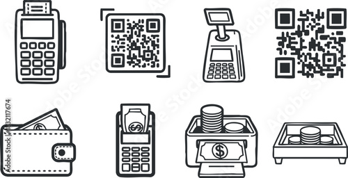 A collection of payment and finance-related icons including calculators, QR codes, wallets, and cash registers in black outline vector style, suitable for financial services and e-commerce branding