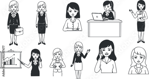 A collection of business women in various professional poses in black and white vector style, ideal for corporate branding and presentations