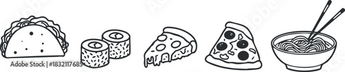 A collection of food icons including a taco, sushi, cheese, pizza, and ramen in black and white outline vector style, ideal for restaurant menus and food-related projects