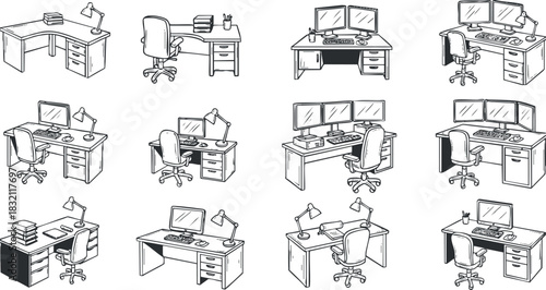 A collection of various office desk setups and workstations in black and white outline vector style, ideal for workspace design and productivity themes