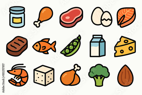Colorful cartoon icons of various food items including meat, dairy, and vegetables