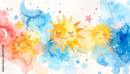 Abstract watercolor background with playful splashes, soft gradients, smiling suns and moons, whimsical and childlike