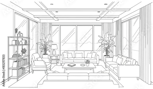 Elegant living room interior design sketch with furniture and decorations featuring a hand drawn silhouette style perfect for architectural visualization and design projects silhouette