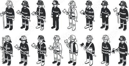 A set of firefighter characters in black and white cartoon vector style, suitable for educational materials and emergency services branding