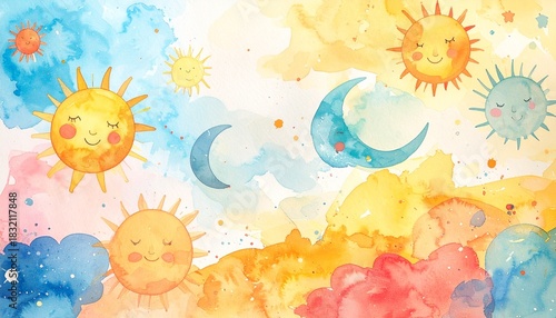 Abstract watercolor background with playful splashes, soft gradients, smiling suns and moons, whimsical and childlike