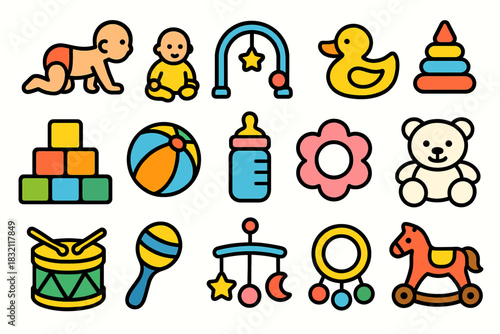 Colorful baby toys collection with blocks, rattle, and stuffed animal