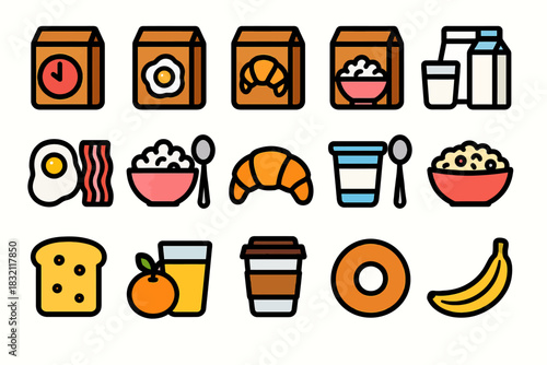 Collection of colorful breakfast icons featuring food and drinks