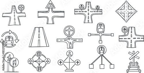 A collection of road and traffic symbols in minimalist outline vector style, suitable for transportation design and navigation projects