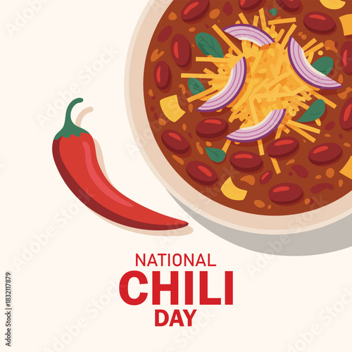 National Chili Day vector illustration. Chili con carne bowl vector illustration. Traditional Mexican spicy dish with meat, beans and cheese drawing. The fourth Thursday in February. Important day