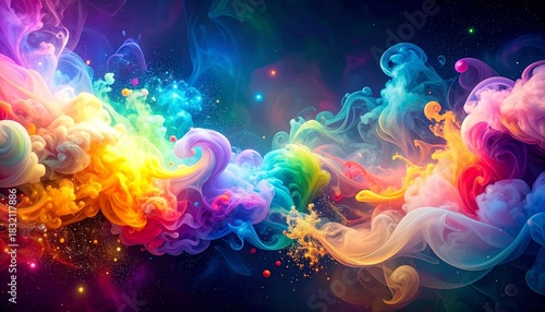 Abstract fantasy background for kids, floating shapes, rainbow-colored smoke, playful sparkles, magical and fun atmosphere