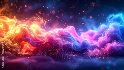 Abstract fantasy background for kids, floating shapes, rainbow-colored smoke, playful sparkles, magical and fun atmosphere