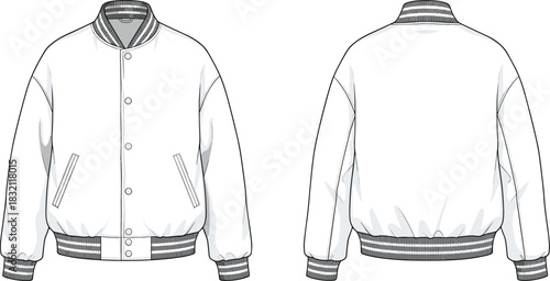 Vector technical sketch of white varsity jacket with striped ribbing, front and back view fashion flat for design templates.
