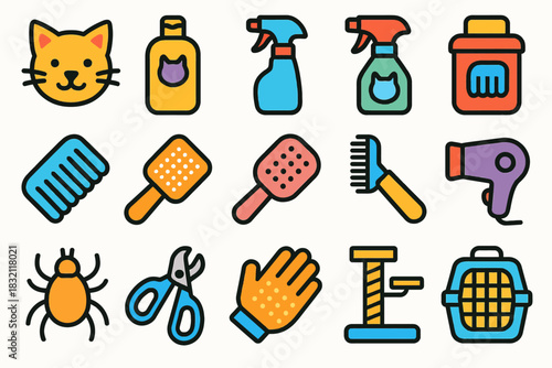 Colorful pet care icons: grooming, cleaning, and accessories for cats and dogs