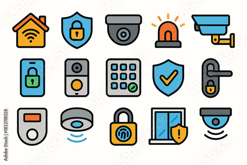 Set of home security system icons including alarms and surveillance cameras