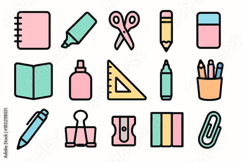 Colorful pastel stationery icons set: notebook, scissors, pencil, eraser, highlighter