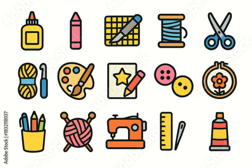 Assorted craft tools featuring glue, crayons, scissors, and sewing supplies