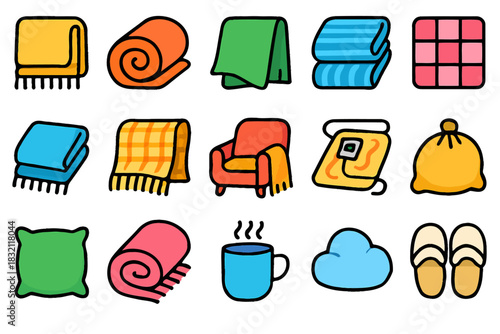 Cozy home essentials: blankets, cushions, mug, cloud, slippers in vibrant colors