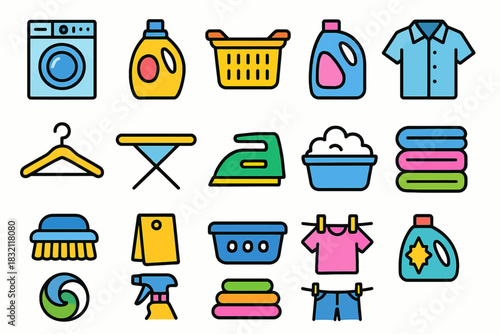 Colorful laundry icons including appliances, clothing, and cleaning supplies
