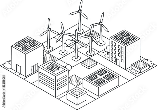 An isometric illustration of a sustainable city featuring buildings with solar panels and wind turbines in an outline vector style, ideal for environmental concepts and renewable energy projects