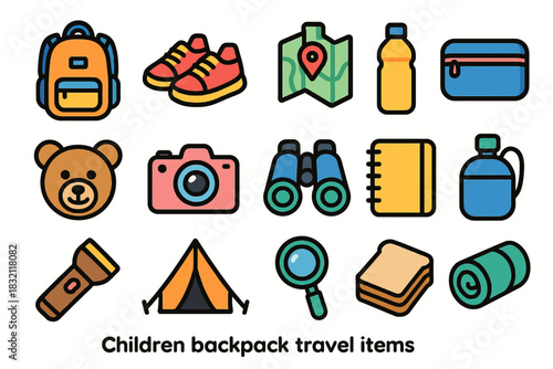 Children's travel essentials: backpack, map, binoculars, teddy bear, and more