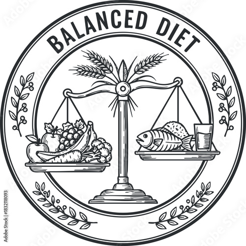 A balanced diet illustration featuring a scale with vegetables and fish in vintage black and white vector style, ideal for health and nutrition projects
