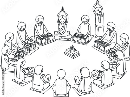 A group of people meditating together in a circle in outline vector style, perfect for mindfulness and wellness themes