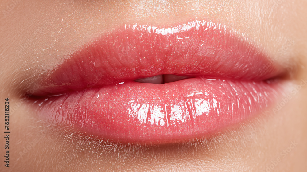 Obraz premium Close up of glowing lips with nourishing balm applied, showing smooth, hydrated, and healthy skin texture, highlighting natural beauty and softness in gentle, fresh style
