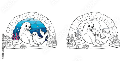 Cute cartoon mother seal and baby pup under an underwater rock arch, black and white line art characters with blue ocean background vector illustration