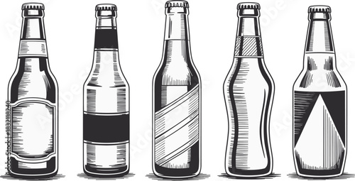 Collection of hand-drawn beer bottles with various label designs, vintage engraving style, ideal for brewing, packaging, branding, bar menus, and illustrations