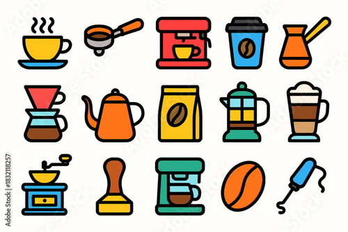 Colorful coffee icons: cups, pots, beans, and equipment collection