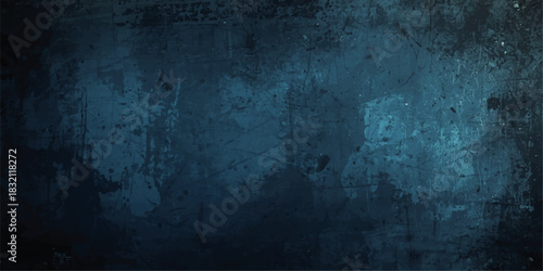 Grunge Decorative dark foresty blue Dark Stucco Wall Background. scratches, and faded paint. Softly lit center and dark edges with a moody, industrial, vintage, cinematic look in deep emerald tones.