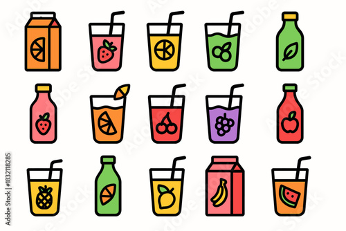 Colorful variety of fruit juice icons with assorted fruits and cartons