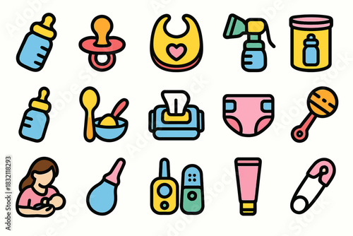 Colorful baby care icons set: feeding, diapers, and more essentials