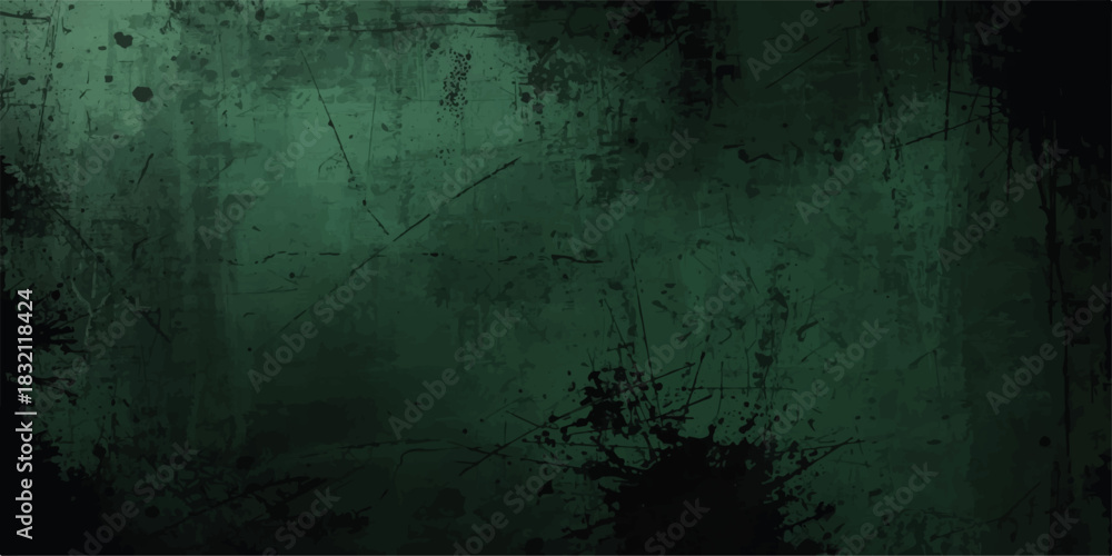 Fototapeta premium Grunge Decorative dark foresty green Dark Stucco Wall Background. scratches, and faded paint. Softly lit center and dark edges with a moody, industrial, vintage, cinematic look in deep emerald tones.