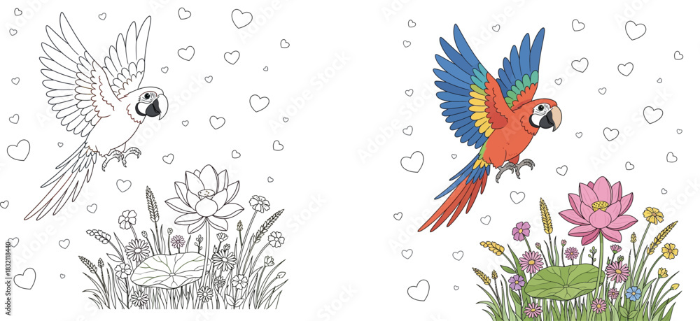 Obraz premium Colorful cartoon macaw parrot flying over beautiful lotus flowers and grass, happy bird character with love hearts background vector illustration