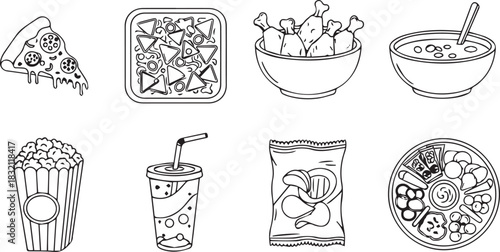 Assortment of Delicious Fast Food Items in Black and White.