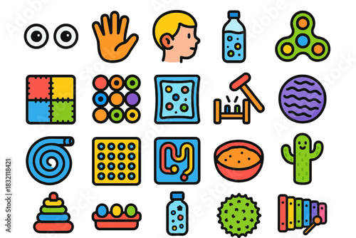 Colorful collection of children's toys and games in fun cartoon style