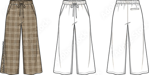 Vector technical sketch of wide leg trousers featuring brown plaid pattern, elastic waistband, and drawstring, with front and back views.