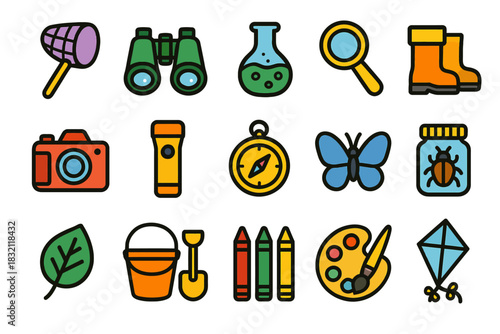 Colorful outdoor adventure icons featuring equipment and nature elements