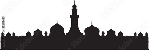 Black silhouette reveals intricate domes and minaret architecture against a transparent background