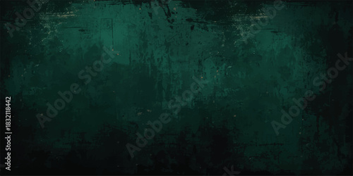Grunge Decorative dark foresty green Dark Stucco Wall Background. scratches, and faded paint. Softly lit center and dark edges with a moody, industrial, vintage, cinematic look in deep emerald tones.