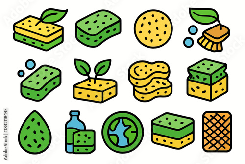 Colorful icon set of eco-friendly cleaning sponges with leaf designs
