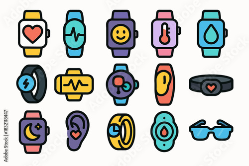 Colorful smartwatch icon set featuring health and technology symbols