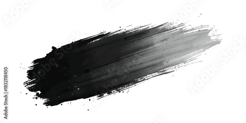 Abstract black and gray ink brush stroke on white background with dynamic sweeping motion and splatter effects.glitches on a pristine white background, forming an abstract pattern.