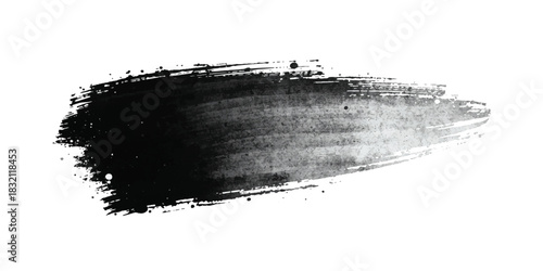 Abstract black and gray ink brush stroke on white background with dynamic sweeping motion and splatter effects.glitches on a pristine white background, forming an abstract pattern.