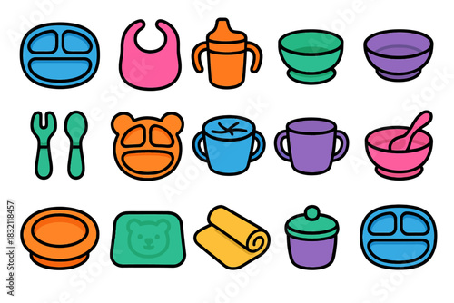 Colorful baby feeding set with plates, utensils, and cups for mealtime