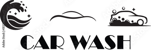 Black water wave splashes with car silhouette and soapy vehicle showcase a monochrome tone