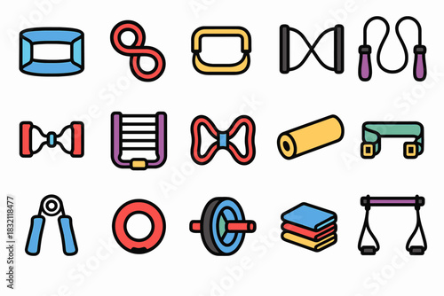 Colorful fitness equipment icons featuring weights ropes and mats
