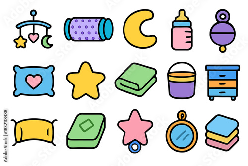 Colorful baby items set including toys, bottles, and bedding essentials